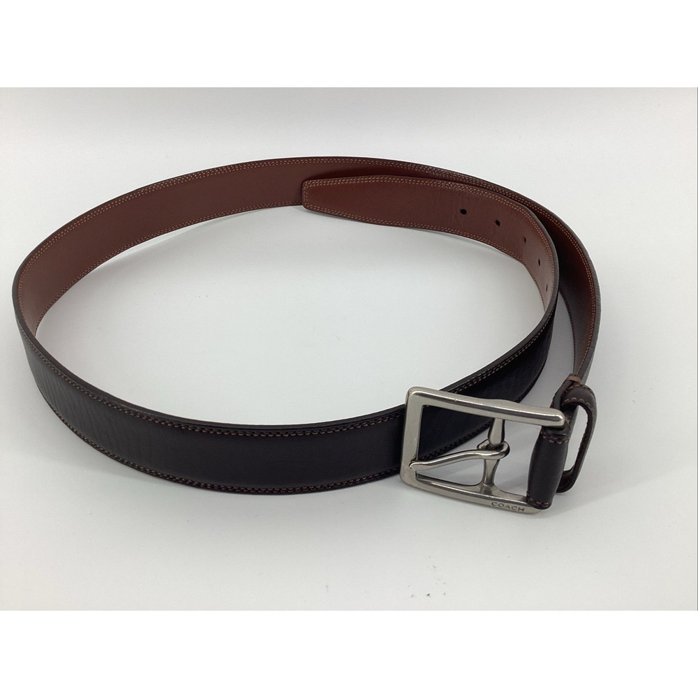 Coach Calfskin Brown Leather Belt #3752 Silver Tone Brass Buckle Mens 36